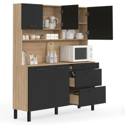 IDMarket Buffet de cuisine casserolier 5 portes + 3 tiroirs façon hêtre et noir* Meubles Tiroirs|Meubles Hauts