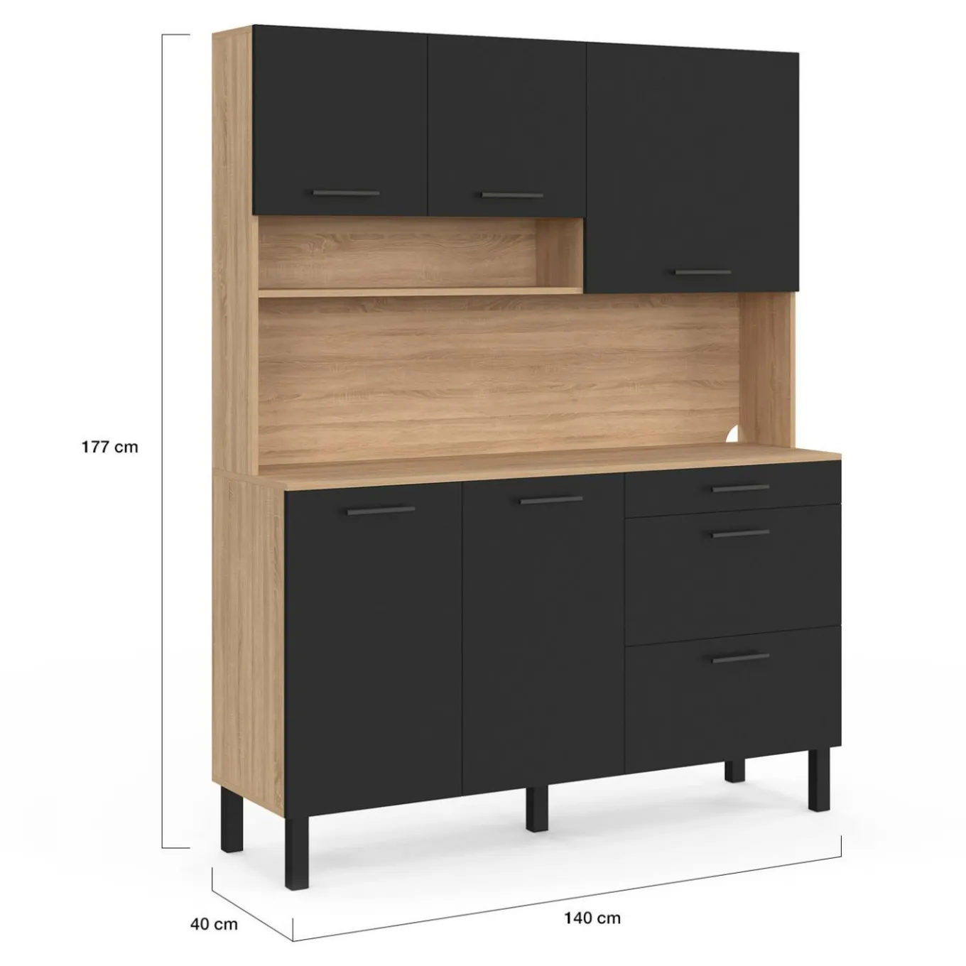 IDMarket Buffet de cuisine casserolier 5 portes + 3 tiroirs façon hêtre et noir* Meubles Tiroirs|Meubles Hauts