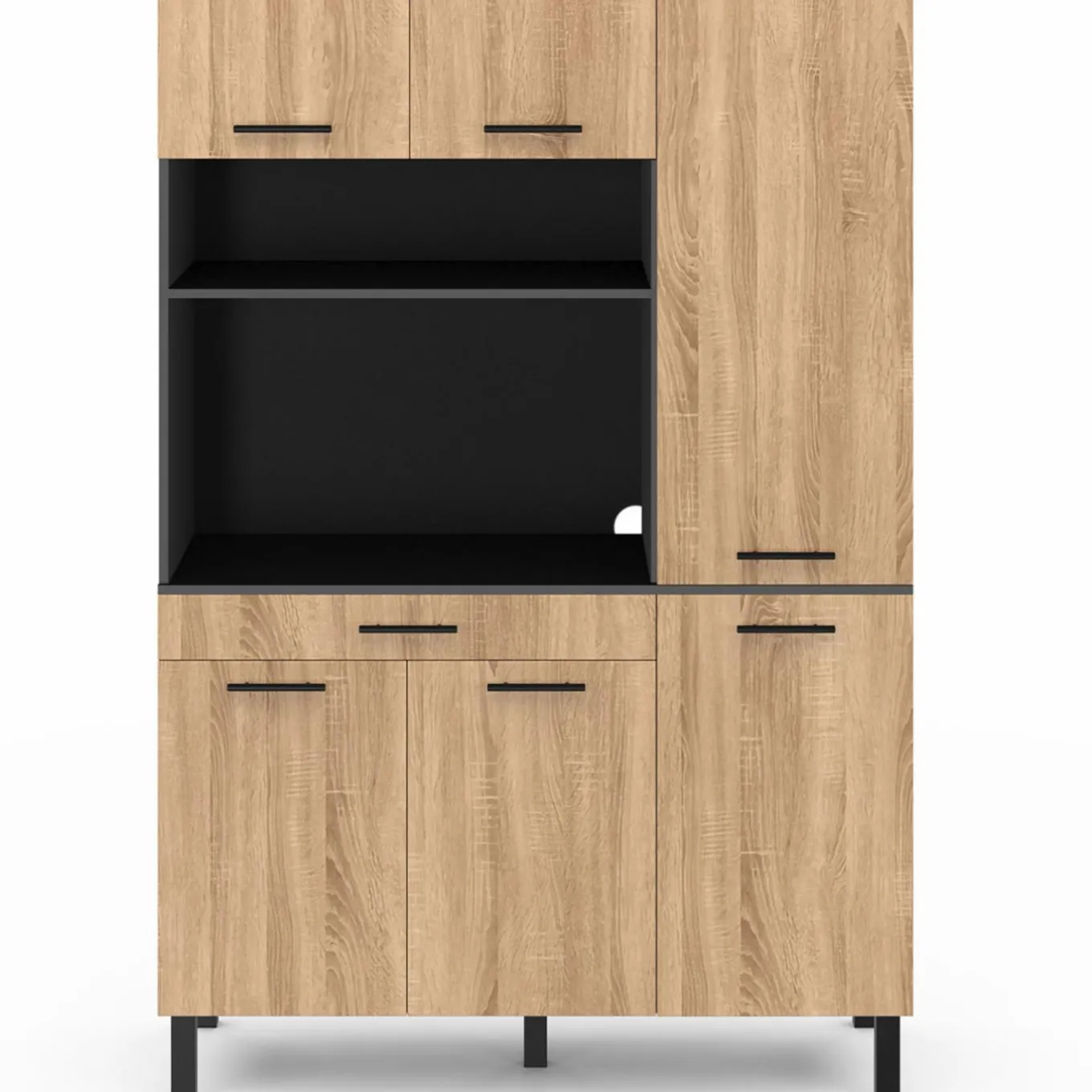 IDMarket Buffet de cuisine noir et façon hêtre avec 6 portes + tiroir* Meubles Tiroirs|Meubles Hauts