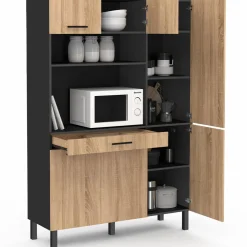 IDMarket Buffet de cuisine noir et façon hêtre avec 6 portes + tiroir* Meubles Tiroirs|Meubles Hauts