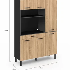 IDMarket Buffet de cuisine noir et façon hêtre avec 6 portes + tiroir* Meubles Tiroirs|Meubles Hauts