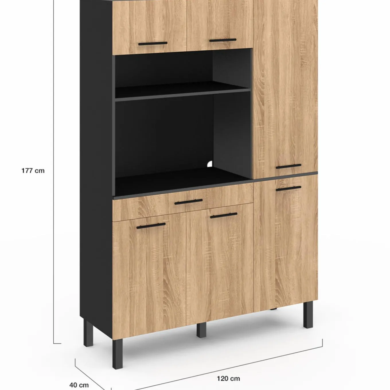 IDMarket Buffet de cuisine noir et façon hêtre avec 6 portes + tiroir* Meubles Tiroirs|Meubles Hauts