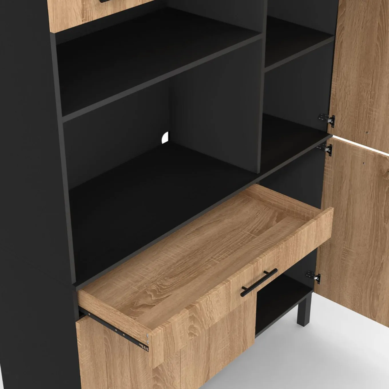 IDMarket Buffet de cuisine noir et façon hêtre avec 6 portes + tiroir* Meubles Tiroirs|Meubles Hauts