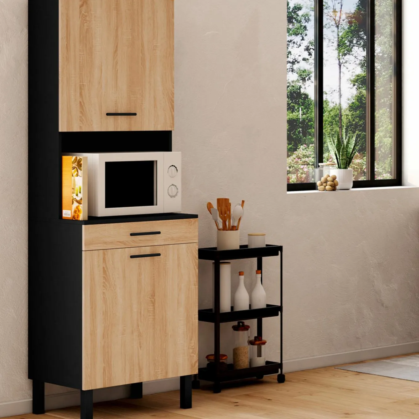 IDMarket Buffet de cuisine vaisselier noir et bois façon hêtre 60 cm* Meubles Tiroirs|Meubles Hauts