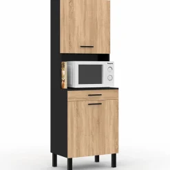 IDMarket Buffet de cuisine vaisselier noir et bois façon hêtre 60 cm* Meubles Tiroirs|Meubles Hauts