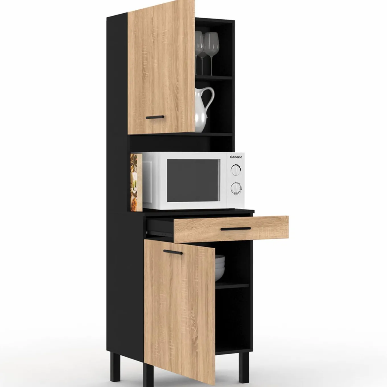 IDMarket Buffet de cuisine vaisselier noir et bois façon hêtre 60 cm* Meubles Tiroirs|Meubles Hauts