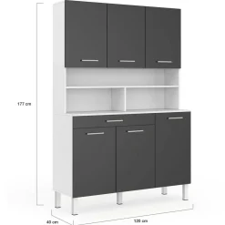 IDMarket Buffet de cuisine vaisselier gris et blanc 120 cm* Meubles Tiroirs|Collection Design