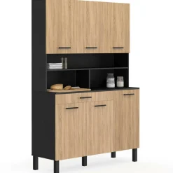 IDMarket Buffet de cuisine vaisselier noir et bois façon hêtre 120 cm* Meubles Tiroirs|Collection Contemporaine