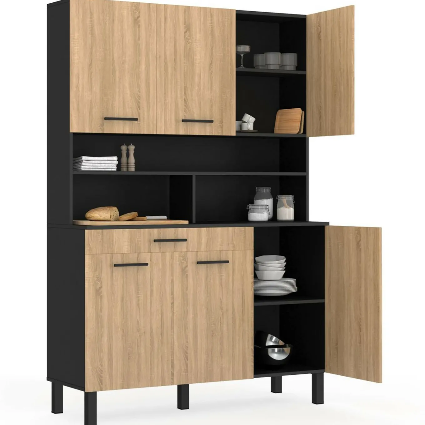 IDMarket Buffet de cuisine vaisselier noir et bois façon hêtre 120 cm* Meubles Tiroirs|Collection Contemporaine