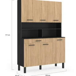 IDMarket Buffet de cuisine vaisselier noir et bois façon hêtre 120 cm* Meubles Tiroirs|Collection Contemporaine