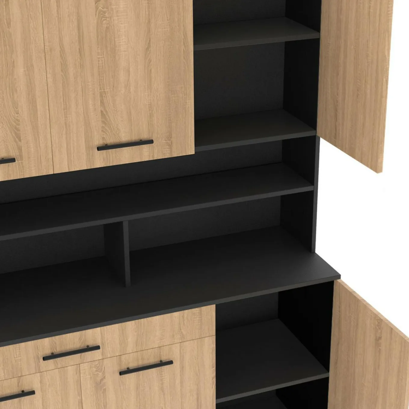 IDMarket Buffet de cuisine vaisselier noir et bois façon hêtre 120 cm* Meubles Tiroirs|Collection Contemporaine