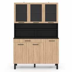 IDMarket Buffet de cuisine vaisselier 120 cm 6 placards + tiroir noir et bois façon hêtre* Meubles Tiroirs|Meubles Hauts