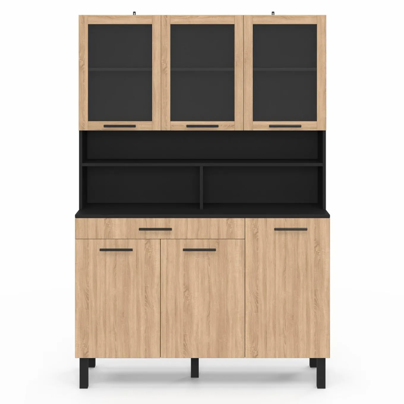 IDMarket Buffet de cuisine vaisselier 120 cm 6 placards + tiroir noir et bois façon hêtre* Meubles Tiroirs|Meubles Hauts