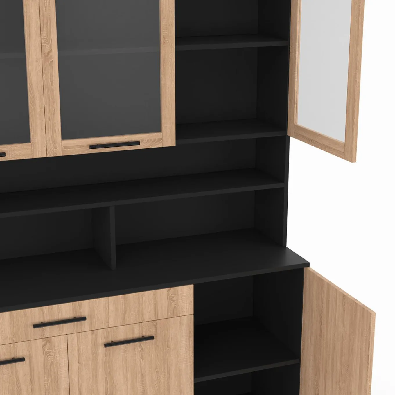 IDMarket Buffet de cuisine vaisselier 120 cm 6 placards + tiroir noir et bois façon hêtre* Meubles Tiroirs|Meubles Hauts