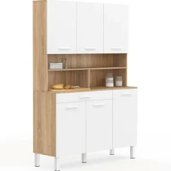 IDMarket Buffet de cuisine vaisselier blanc et bois façon hêtre 120 cm* Meubles Tiroirs|Meubles De Cuisine Avec Plan De Travail