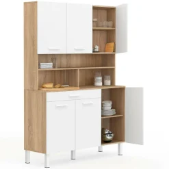 IDMarket Buffet de cuisine vaisselier blanc et bois façon hêtre 120 cm* Meubles Tiroirs|Meubles De Cuisine Avec Plan De Travail
