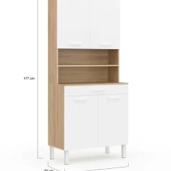 IDMarket Buffet de cuisine vaisselier blanc et bois façon hêtre 80 cm* Meubles Tiroirs|Meubles Hauts