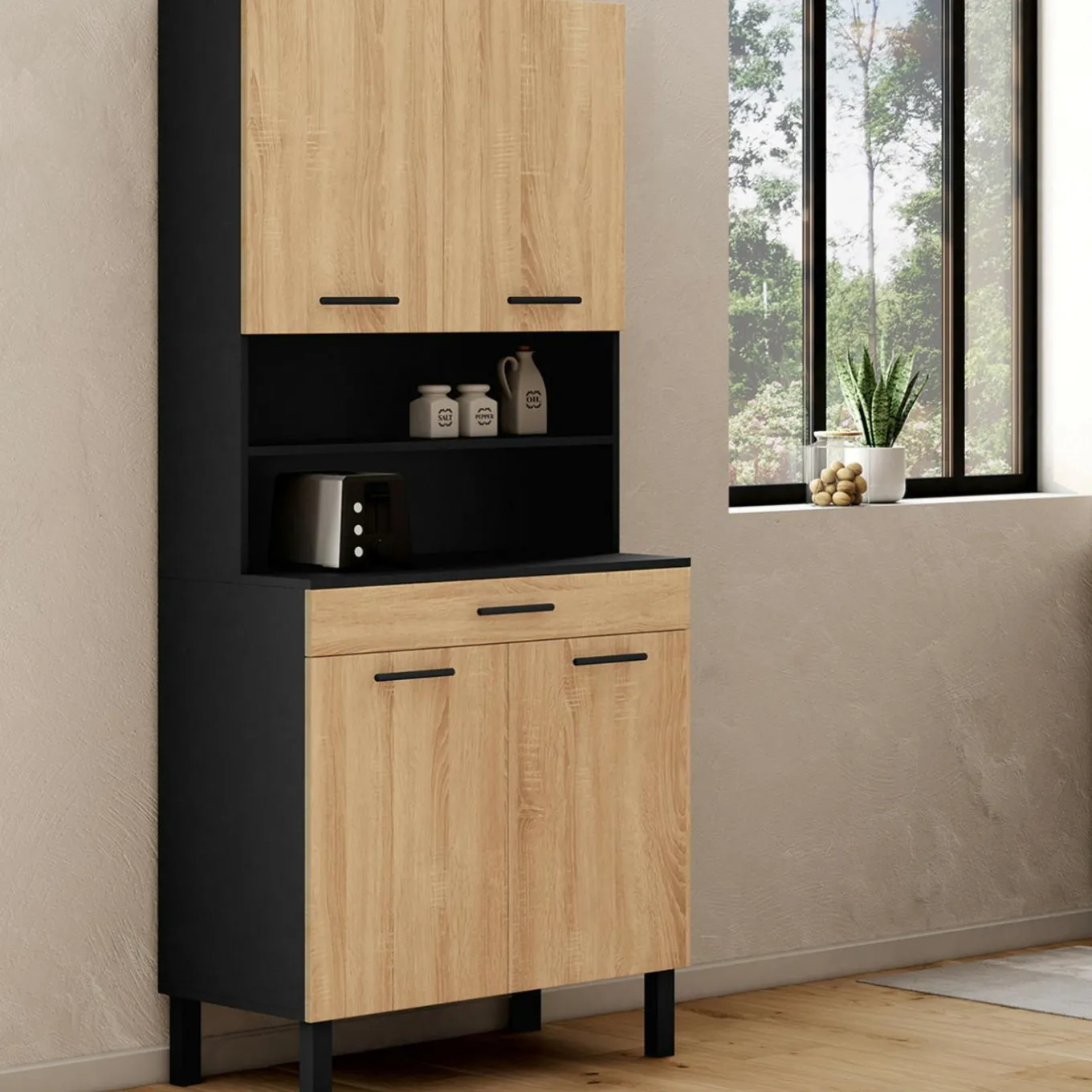 IDMarket Buffet de cuisine vaisselier noir et bois façon hêtre 80 cm* Meubles Tiroirs|Meubles Hauts
