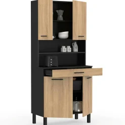 IDMarket Buffet de cuisine vaisselier noir et bois façon hêtre 80 cm* Meubles Tiroirs|Meubles Hauts