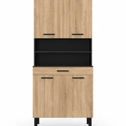 IDMarket Buffet de cuisine vaisselier noir et bois façon hêtre 80 cm* Meubles Tiroirs|Meubles Hauts