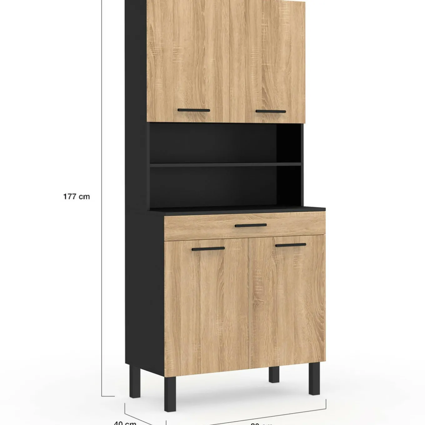IDMarket Buffet de cuisine vaisselier noir et bois façon hêtre 80 cm* Meubles Tiroirs|Meubles Hauts