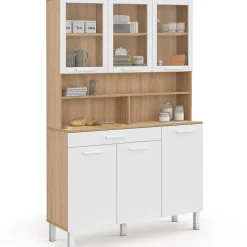 IDMarket Buffet de cuisine vaisselier 120 cm 6 placards + tiroir blanc et bois façon hêtre* Meubles Tiroirs|Meubles Hauts