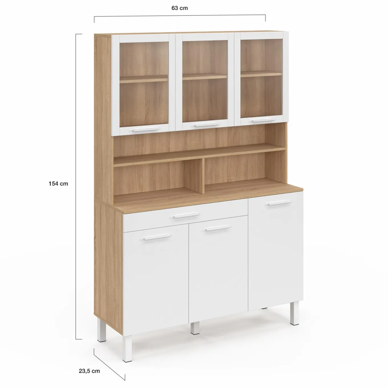 IDMarket Buffet de cuisine vaisselier 120 cm 6 placards + tiroir blanc et bois façon hêtre* Meubles Tiroirs|Meubles Hauts