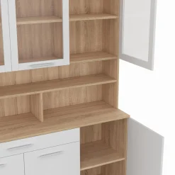 IDMarket Buffet de cuisine vaisselier 120 cm 6 placards + tiroir blanc et bois façon hêtre* Meubles Tiroirs|Meubles Hauts