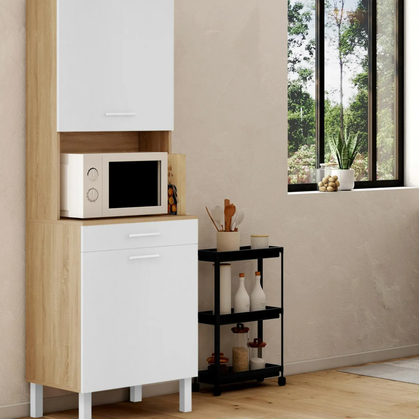 IDMarket Buffet de cuisine vaisselier blanc et bois façon hêtre 60 cm* Meubles Tiroirs|Meubles Hauts