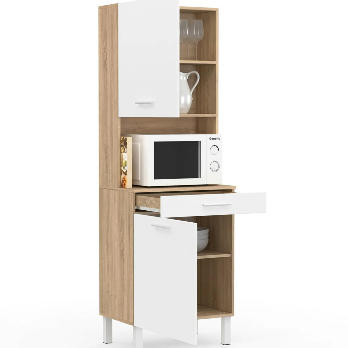 IDMarket Buffet de cuisine vaisselier blanc et bois façon hêtre 60 cm* Meubles Tiroirs|Meubles Hauts