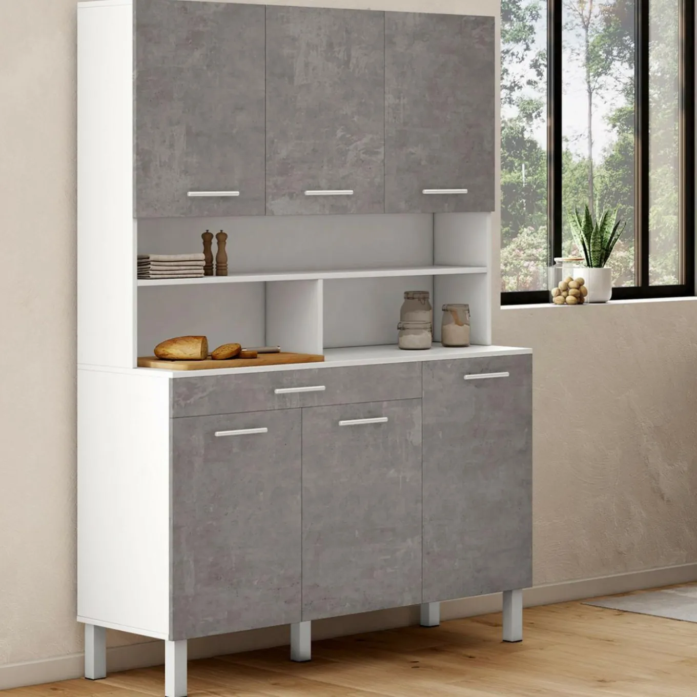 IDMarket Buffet de cuisine vaisselier effet béton et blanc 120 cm* Meubles Tiroirs|Meubles De Cuisine Avec Plan De Travail