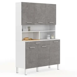 IDMarket Buffet de cuisine vaisselier effet béton et blanc 120 cm* Meubles Tiroirs|Meubles De Cuisine Avec Plan De Travail