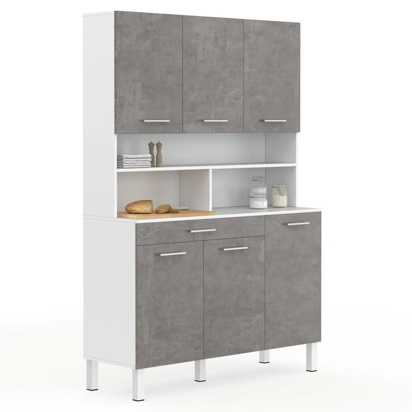 IDMarket Buffet de cuisine vaisselier effet béton et blanc 120 cm* Meubles Tiroirs|Meubles De Cuisine Avec Plan De Travail