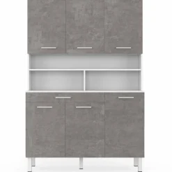 IDMarket Buffet de cuisine vaisselier effet béton et blanc 120 cm* Meubles Tiroirs|Meubles De Cuisine Avec Plan De Travail
