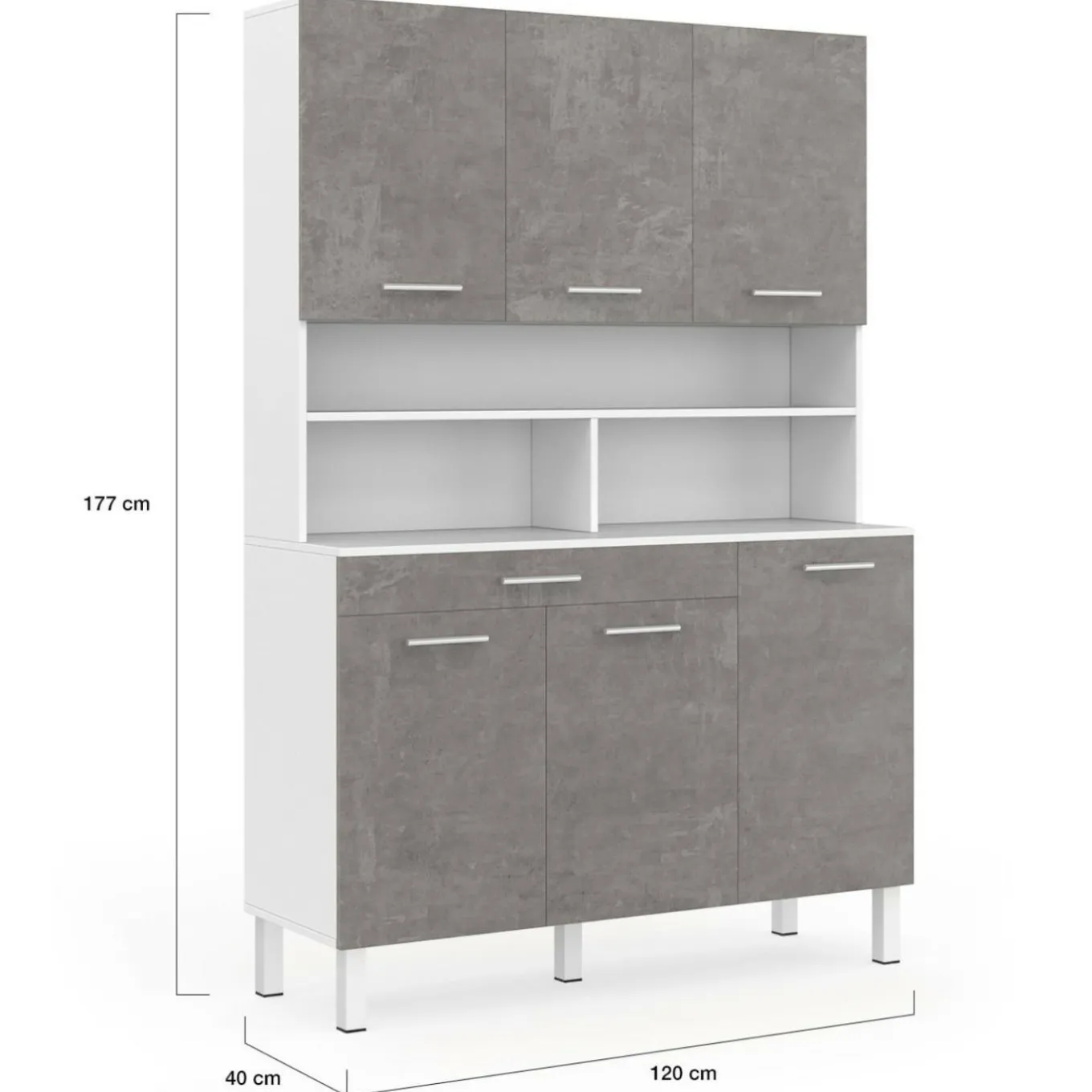 IDMarket Buffet de cuisine vaisselier effet béton et blanc 120 cm* Meubles Tiroirs|Meubles De Cuisine Avec Plan De Travail