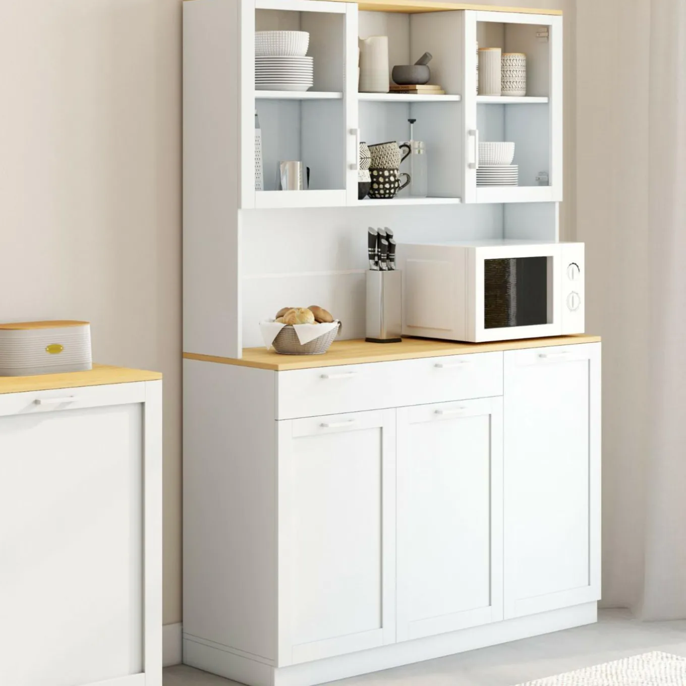 IDMarket Buffet de cuisine vitré 120 cm 5 portes + 1 tiroir blanc et plateau façon hêtre* Meubles Tiroirs|Meubles Hauts