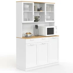 IDMarket Buffet de cuisine vitré 120 cm 5 portes + 1 tiroir blanc et plateau façon hêtre* Meubles Tiroirs|Meubles Hauts