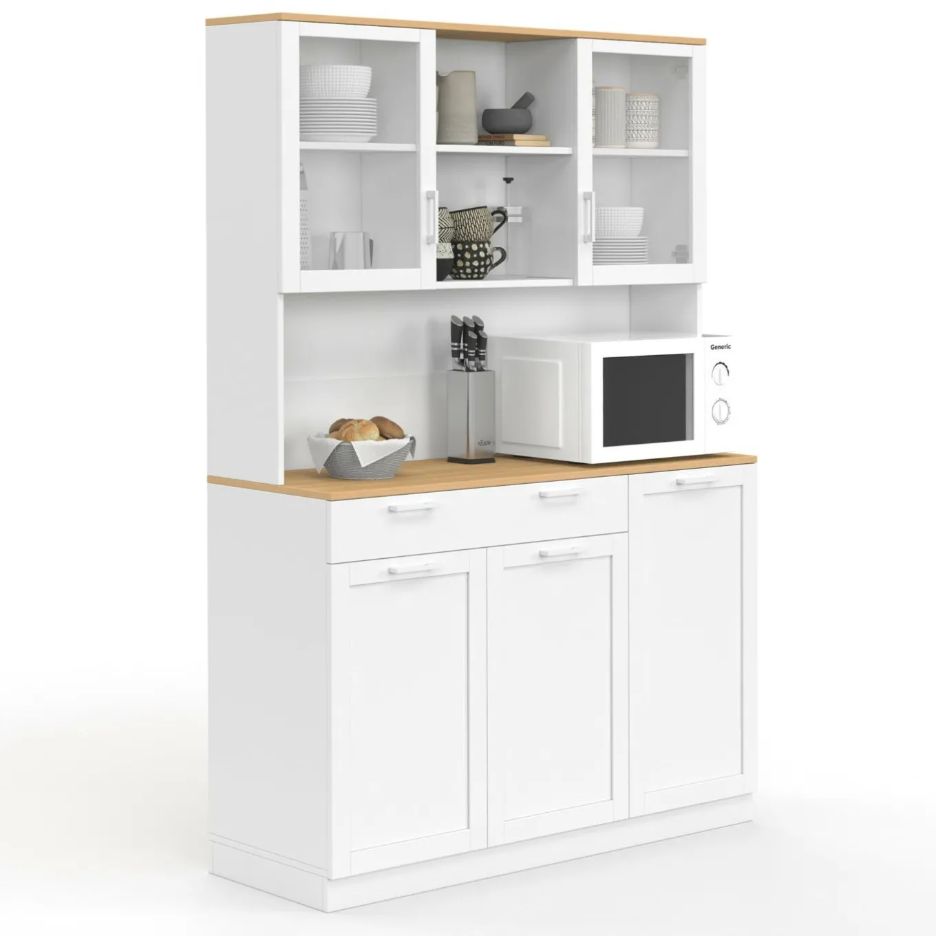 IDMarket Buffet de cuisine vitré 120 cm 5 portes + 1 tiroir blanc et plateau façon hêtre* Meubles Tiroirs|Meubles Hauts