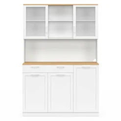 IDMarket Buffet de cuisine vitré 120 cm 5 portes + 1 tiroir blanc et plateau façon hêtre* Meubles Tiroirs|Meubles Hauts