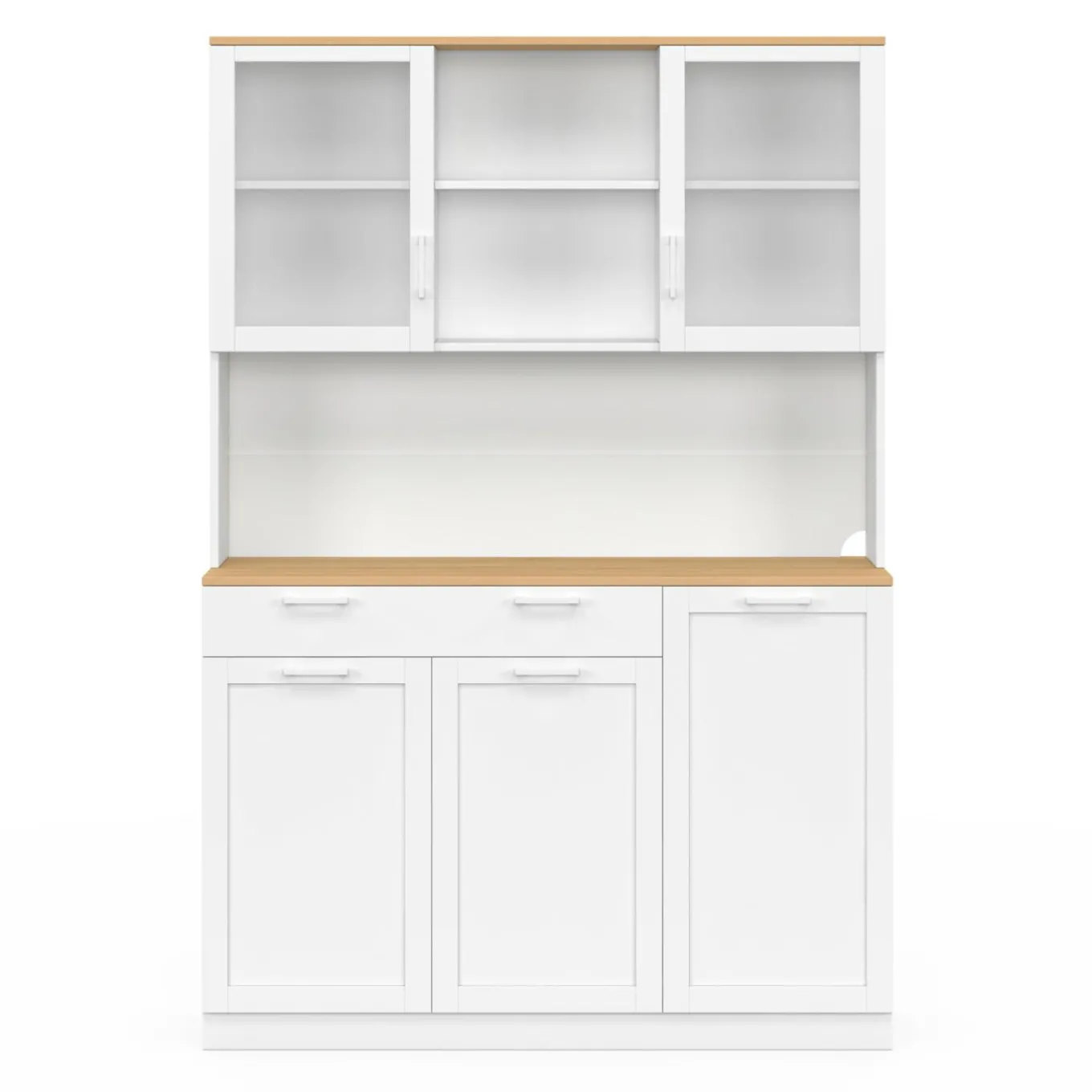 IDMarket Buffet de cuisine vitré 120 cm 5 portes + 1 tiroir blanc et plateau façon hêtre* Meubles Tiroirs|Meubles Hauts