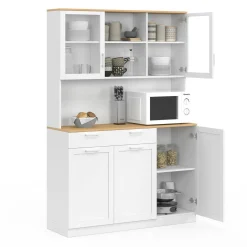 IDMarket Buffet de cuisine vitré 120 cm 5 portes + 1 tiroir blanc et plateau façon hêtre* Meubles Tiroirs|Meubles Hauts