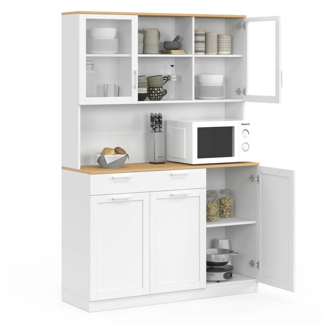 IDMarket Buffet de cuisine vitré 120 cm 5 portes + 1 tiroir blanc et plateau façon hêtre* Meubles Tiroirs|Meubles Hauts
