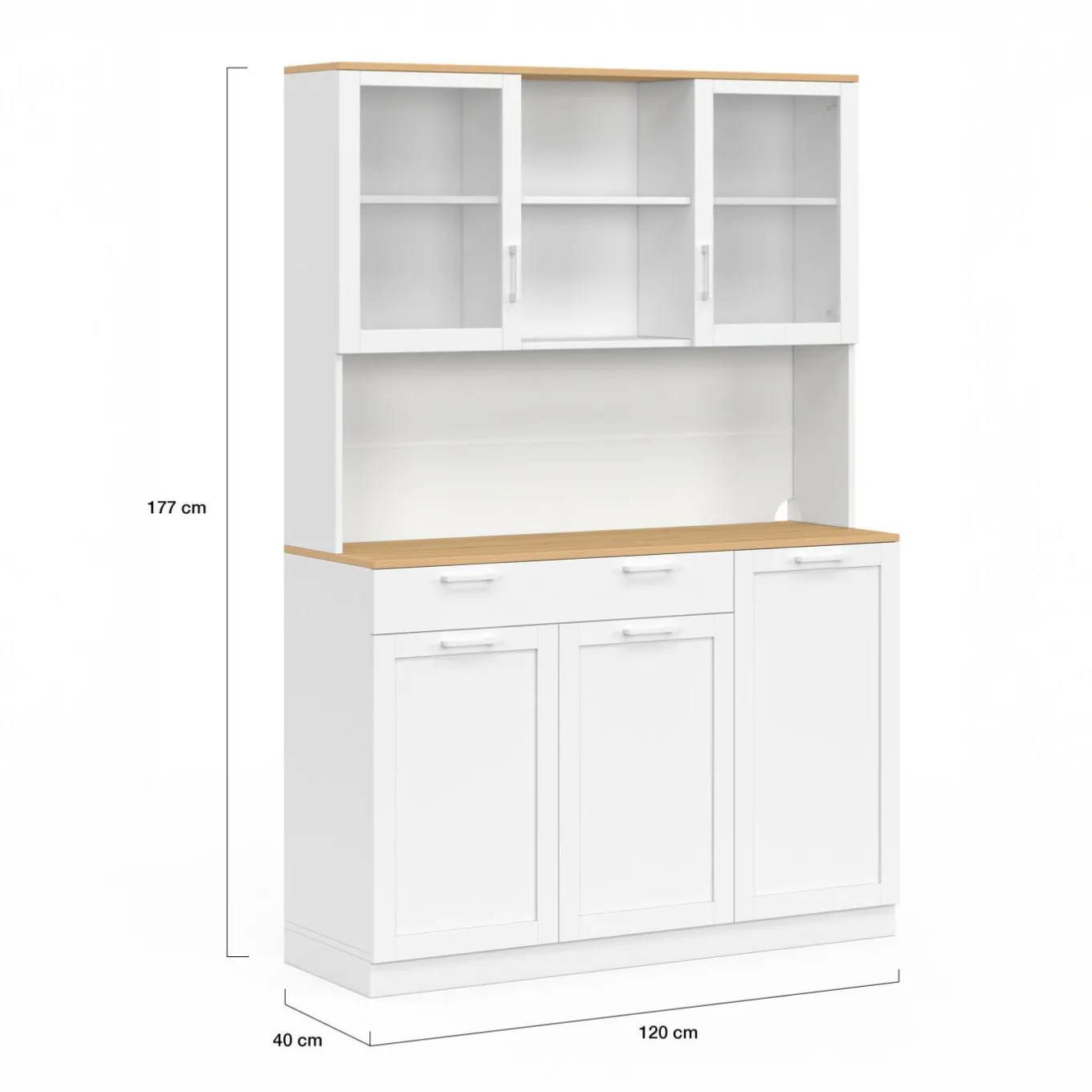 IDMarket Buffet de cuisine vitré 120 cm 5 portes + 1 tiroir blanc et plateau façon hêtre* Meubles Tiroirs|Meubles Hauts