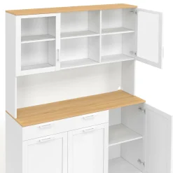 IDMarket Buffet de cuisine vitré 120 cm 5 portes + 1 tiroir blanc et plateau façon hêtre* Meubles Tiroirs|Meubles Hauts