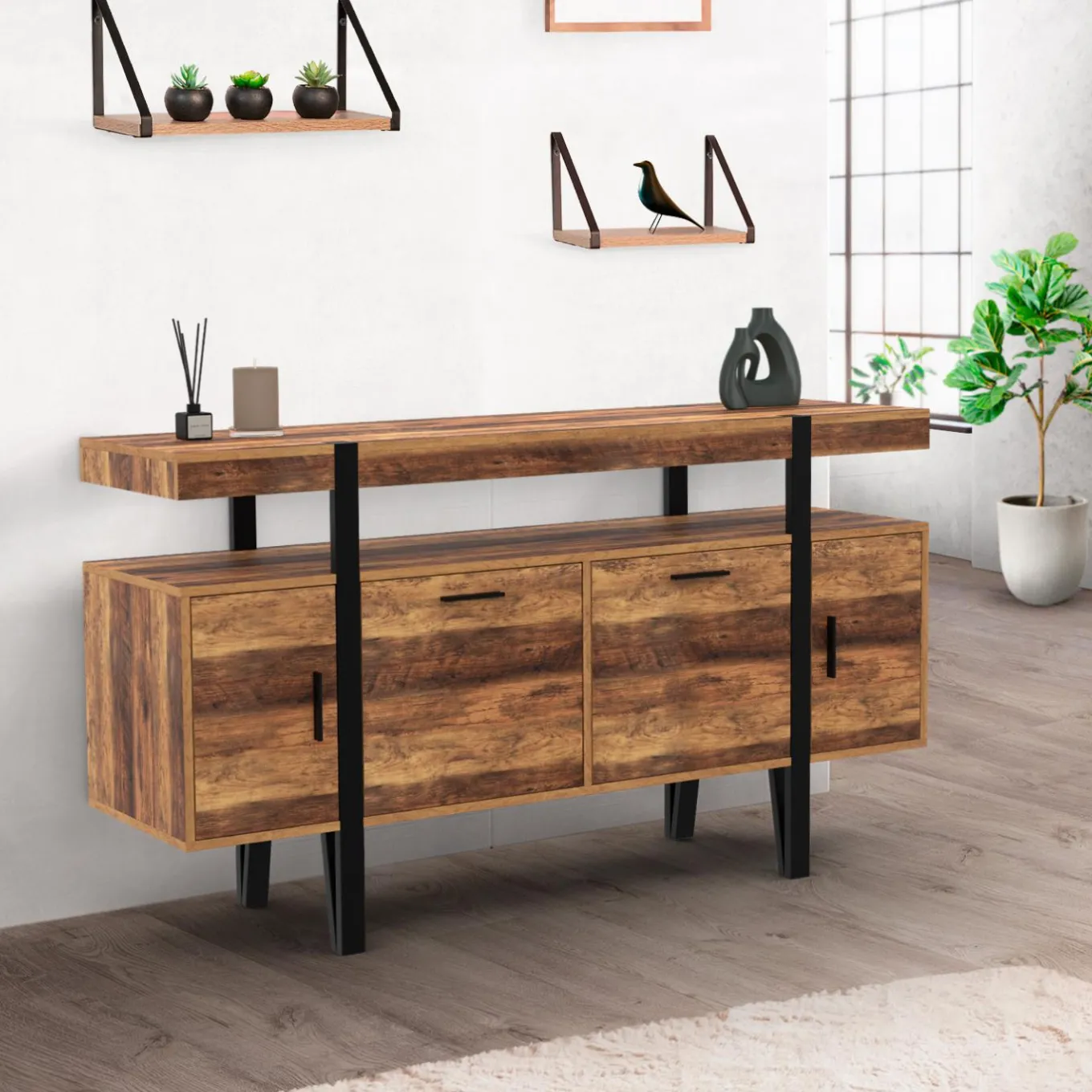 IDMarket Buffet de salon industriel 4 portes bois et noir* Collection Vintage|Buffets