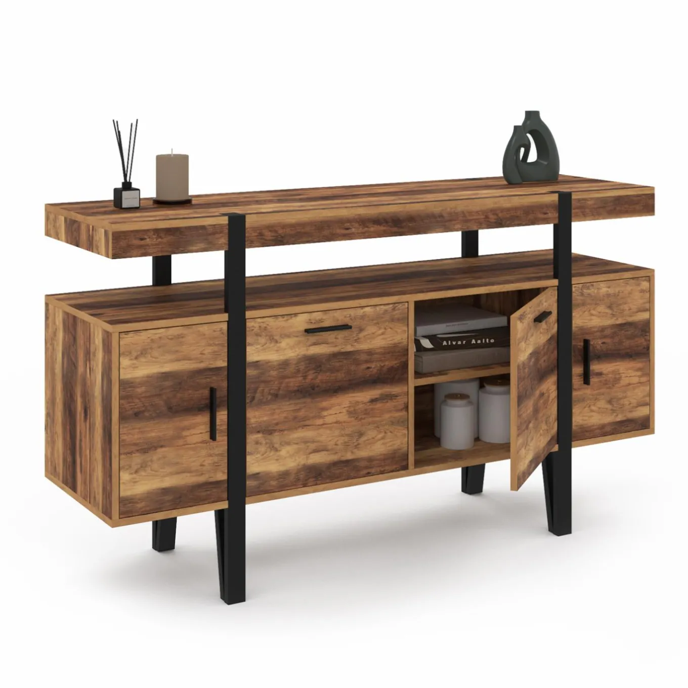 IDMarket Buffet de salon industriel 4 portes bois et noir* Collection Vintage|Buffets