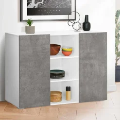 IDMarket Buffet effet béton et blanc 2 portes* Collection Design|Collection Contemporaine