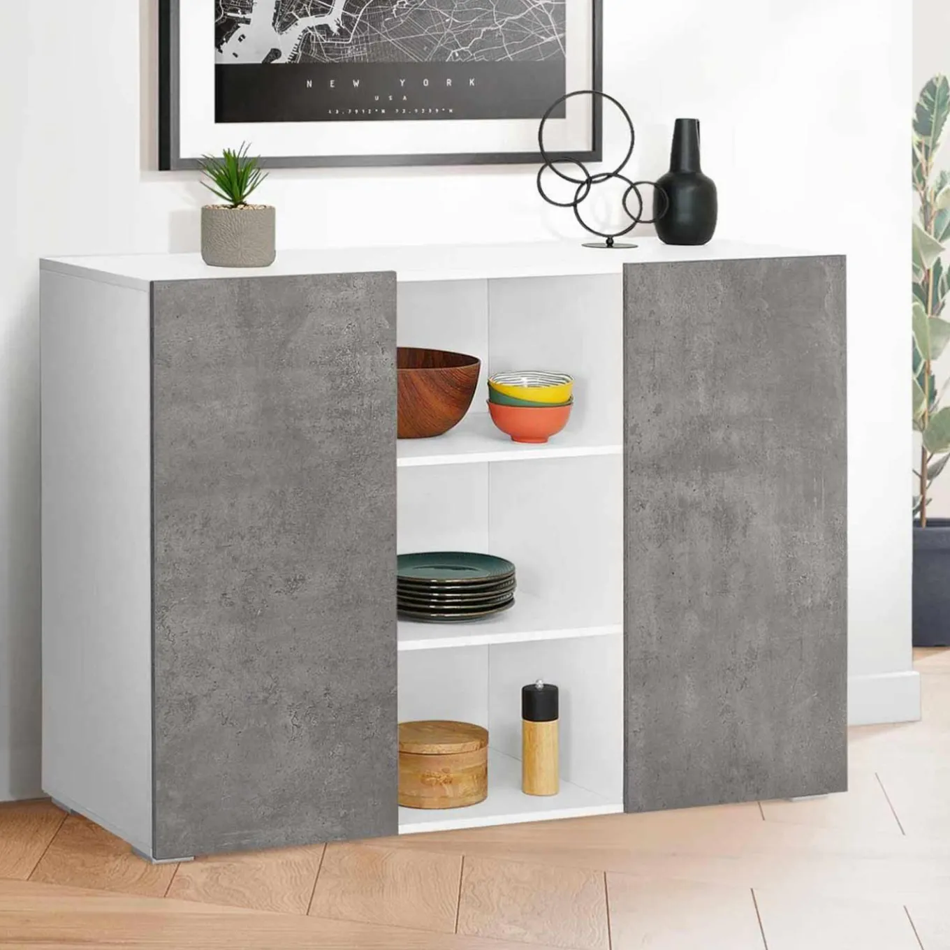 IDMarket Buffet effet béton et blanc 2 portes* Collection Design|Collection Contemporaine
