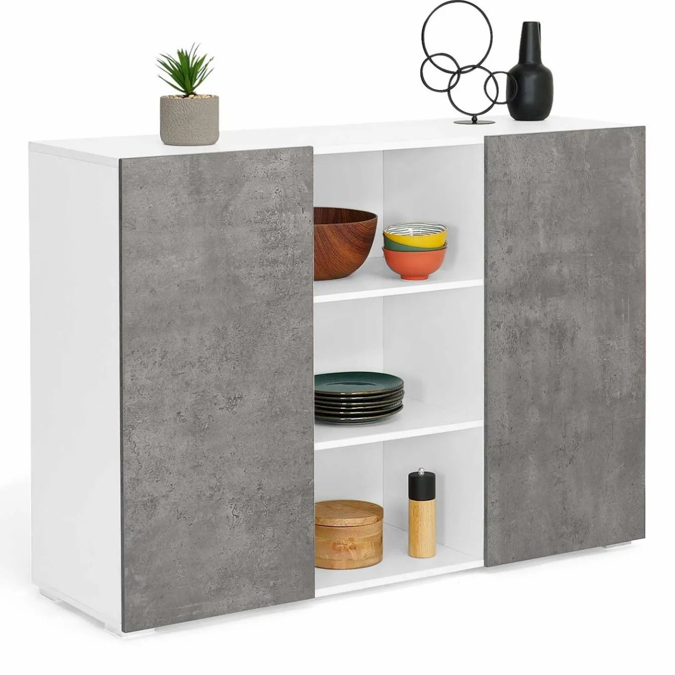 IDMarket Buffet effet béton et blanc 2 portes* Collection Design|Collection Contemporaine