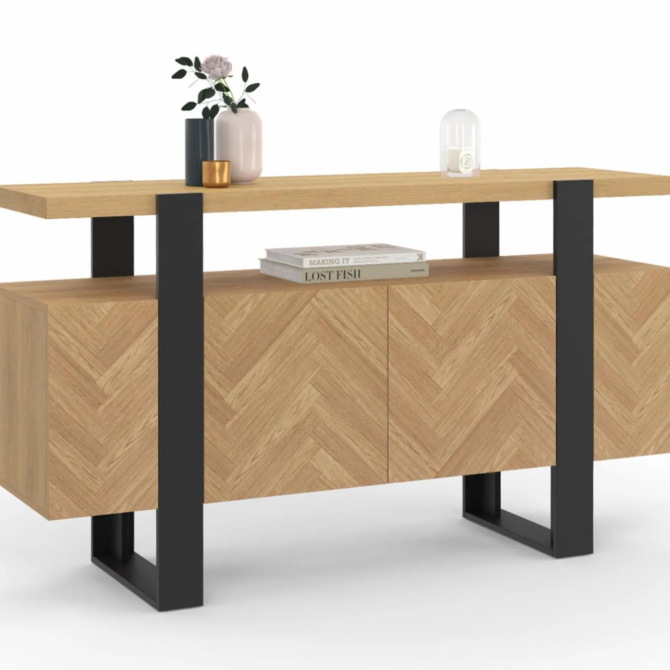 IDMarket Buffet effet chevrons et noir avec 4 portes 140 cm* Meubles En Bois|Collection Design